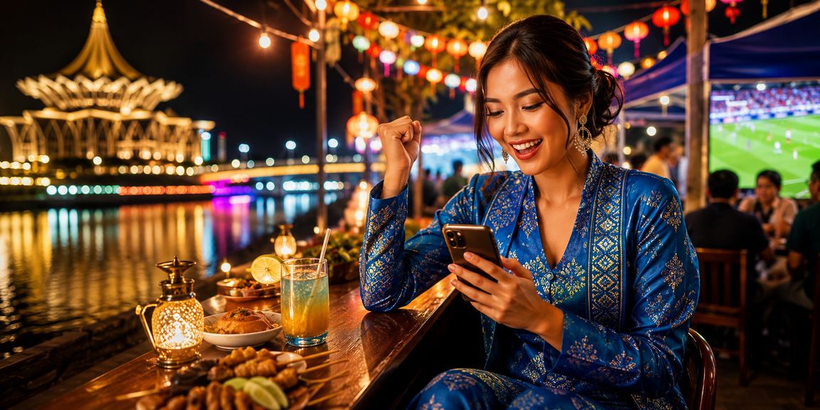 Pengguna Kuching mengakses platform sukan 174 melalui telefon pintar dalam pakaian tradisional
